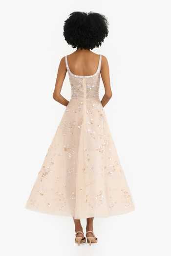 Shop_Gauri & Nainika_Beige Tulle Sequins, Crystals Scoop Neck Floral Pattern Embroidered Midi Dress _at_Aza_Fashions
