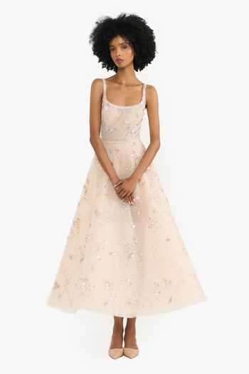 Buy_Gauri & Nainika_Beige Tulle Sequins, Crystals Scoop Neck Floral Pattern Embroidered Midi Dress _at_Aza_Fashions
