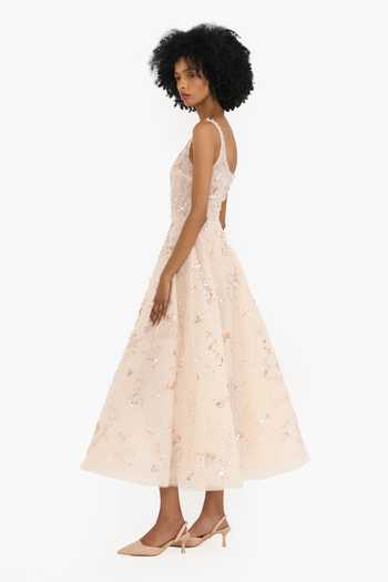 Shop_Gauri & Nainika_Beige Tulle Sequins, Crystals Scoop Neck Floral Pattern Embroidered Midi Dress _Online_at_Aza_Fashions