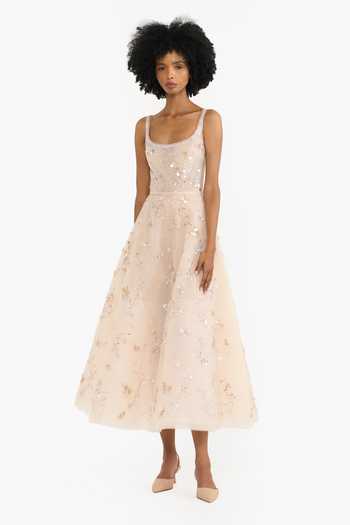 Gauri & Nainika_Beige Tulle Sequins, Crystals Scoop Neck Floral Pattern Embroidered Midi Dress _at_Aza_Fashions
