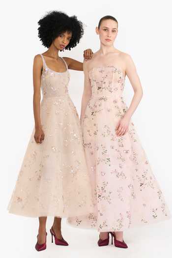 Buy_Gauri & Nainika_Beige Tulle Sequins, Crystals Scoop Neck Floral Pattern Embroidered Midi Dress 