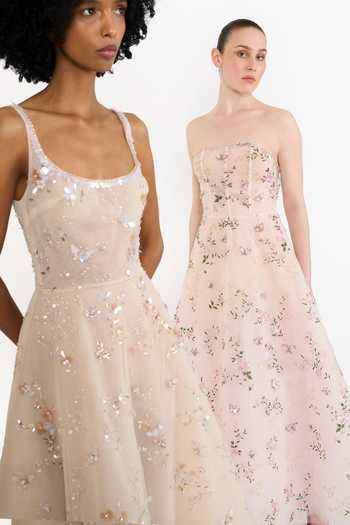 Shop_Gauri & Nainika_Beige Tulle Sequins, Crystals Scoop Neck Floral Pattern Embroidered Midi Dress 