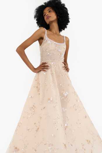 Buy_Gauri & Nainika_Beige Tulle Sequins, Crystals Scoop Neck Floral Pattern Embroidered Midi Dress _Online