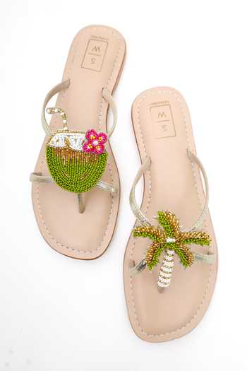Shop_Sandalwali_Green Zarna Palm Tree And Coconut Embroidered Sandals _at_Aza_Fashions