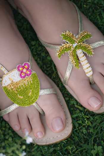 Shop_Sandalwali_Green Zarna Palm Tree And Coconut Embroidered Sandals _Online_at_Aza_Fashions