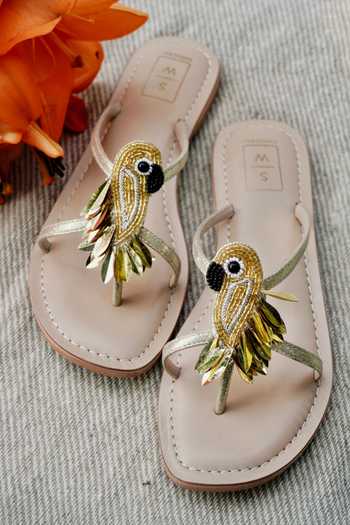 Shop_Sandalwali_Gold Bobbi Parrot Embroidered Sandals _Online_at_Aza_Fashions