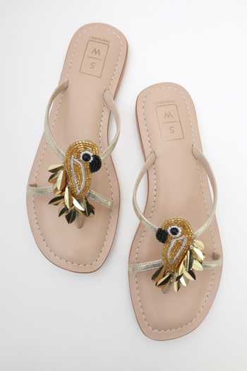 Shop_Sandalwali_Gold Bobbi Parrot Embroidered Sandals _at_Aza_Fashions
