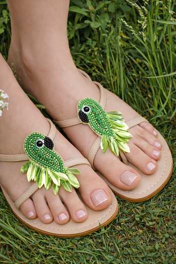 Shop_Sandalwali_Green Bobbi Parrot Embroidered Sandals _Online_at_Aza_Fashions