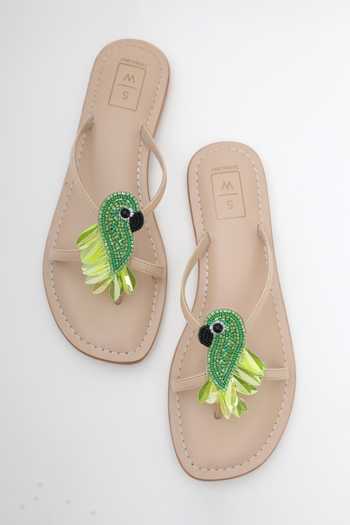 Shop_Sandalwali_Green Bobbi Parrot Embroidered Sandals _at_Aza_Fashions