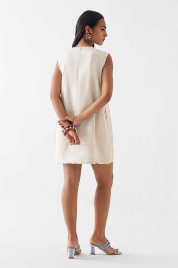 Shop_Studio Rigu_Cream Linen, Viscose Embroidery, Sequins, Beads Round Sahara Day Shift Dress _at_Aza_Fashions