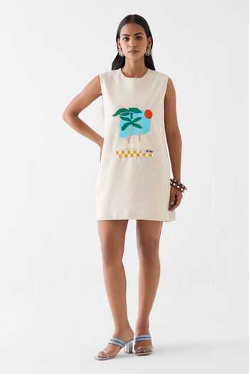 Studio Rigu_Cream Linen, Viscose Embroidery, Sequins, Beads Round Sahara Day Shift Dress _Online_at_Aza_Fashions