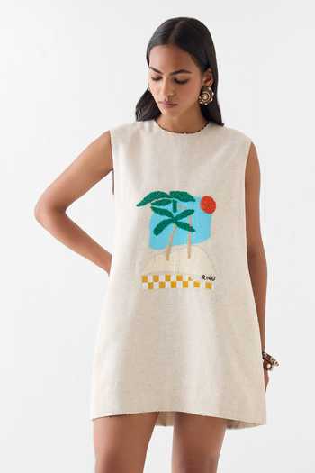 Buy_Studio Rigu_Cream Linen, Viscose Embroidery, Sequins, Beads Round Sahara Day Shift Dress _at_Aza_Fashions
