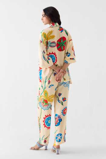 Shop_Studio Rigu_Cream Vegan Silk Sequins, Beads Collared Sanganer Print Shirt And Trouser Set _at_Aza_Fashions