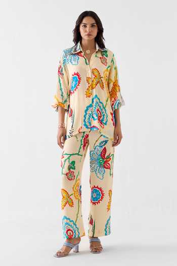 Buy_Studio Rigu_Cream Vegan Silk Sequins, Beads Collared Sanganer Print Shirt And Trouser Set _at_Aza_Fashions