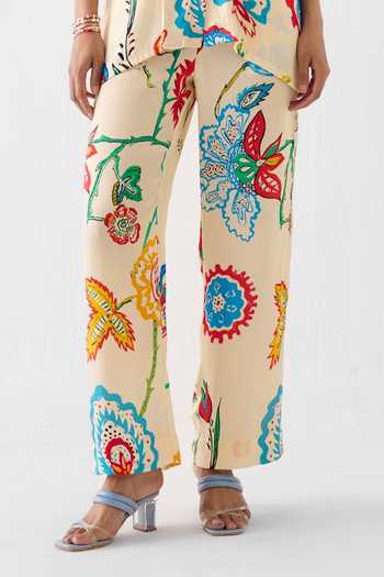 Studio Rigu_Cream Vegan Silk Sequins, Beads Collared Sanganer Print Shirt And Trouser Set _Online_at_Aza_Fashions