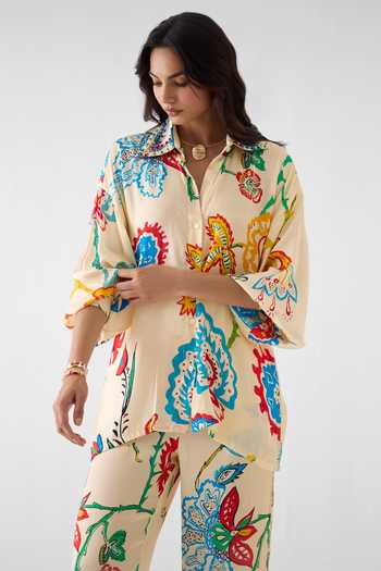 Shop_Studio Rigu_Cream Vegan Silk Sequins, Beads Collared Sanganer Print Shirt And Trouser Set _Online_at_Aza_Fashions