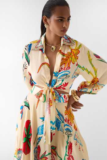 Studio Rigu_Multi Color Vegan Silk Embroidery, Sequins, Sanganer Print Crop Top And Skirt Set _Online_at_Aza_Fashions