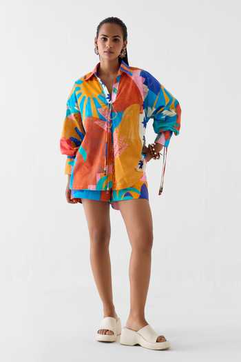 Studio Rigu_Multi Color Cotton Beads V-neck Kota Hand Painted Shirt And Shorts Set _Online_at_Aza_Fashions