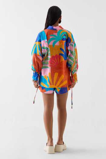 Shop_Studio Rigu_Multi Color Cotton Beads V-neck Kota Hand Painted Shirt And Shorts Set _at_Aza_Fashions