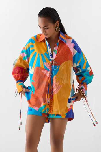 Buy_Studio Rigu_Multi Color Cotton Beads V-neck Kota Hand Painted Shirt And Shorts Set _at_Aza_Fashions