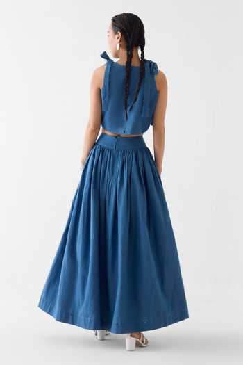 Shop_Studio Rigu_Blue Cotton, Denim Embroidery, Beads, Patchwork Crop Top And Gathered Skirt Set _at_Aza_Fashions
