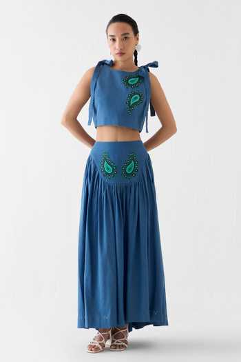Studio Rigu_Blue Cotton, Denim Embroidery, Beads, Patchwork Crop Top And Gathered Skirt Set _Online_at_Aza_Fashions