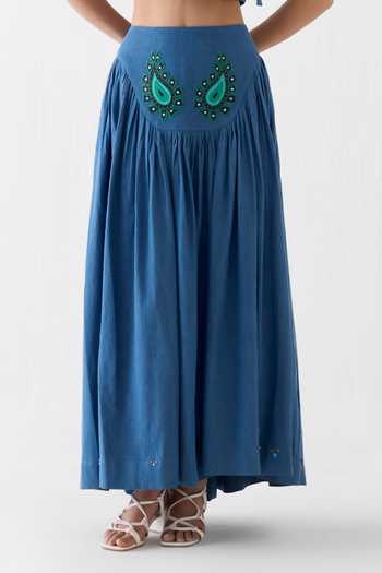 Buy_Studio Rigu_Blue Cotton, Denim Embroidery, Beads, Patchwork Crop Top And Gathered Skirt Set _Online_at_Aza_Fashions