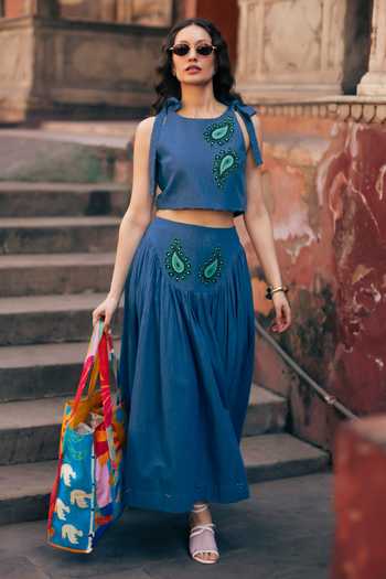 Buy_Studio Rigu_Blue Cotton, Denim Embroidery, Beads, Patchwork Crop Top And Gathered Skirt Set _at_Aza_Fashions