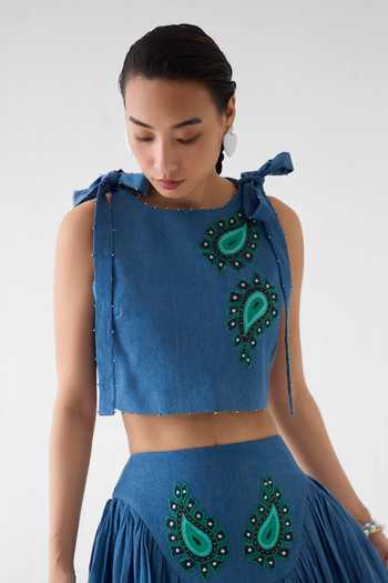 Shop_Studio Rigu_Blue Cotton, Denim Embroidery, Beads, Patchwork Crop Top And Gathered Skirt Set _Online_at_Aza_Fashions