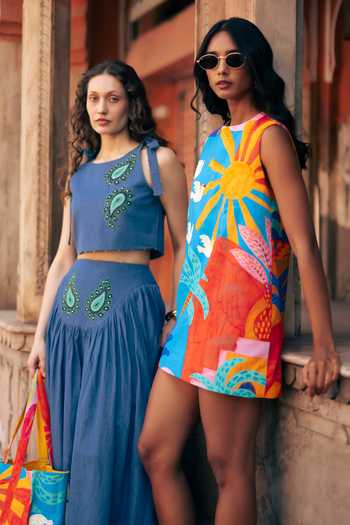 Studio Rigu_Blue Cotton, Denim Embroidery, Beads, Patchwork Crop Top And Gathered Skirt Set _at_Aza_Fashions