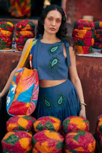 Buy_Studio Rigu_Blue Cotton, Denim Embroidery, Beads, Patchwork Crop Top And Gathered Skirt Set 