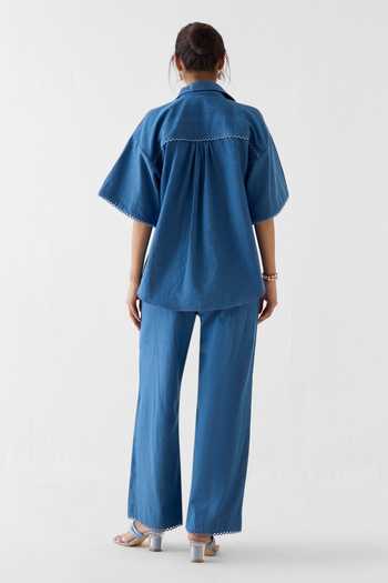 Shop_Studio Rigu_Blue Cotton, Denim Embroidery, Beads, Patchwork Collared, Shirt And Trouser Set _at_Aza_Fashions