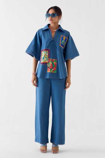Studio Rigu_Blue Cotton, Denim Embroidery, Beads, Patchwork Collared, Shirt And Trouser Set _Online_at_Aza_Fashions