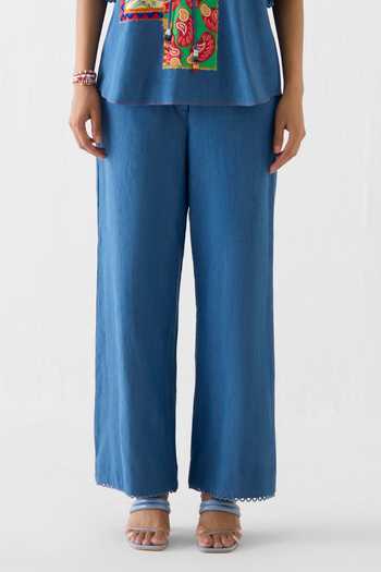 Buy_Studio Rigu_Blue Cotton, Denim Embroidery, Beads, Patchwork Collared, Shirt And Trouser Set _Online_at_Aza_Fashions