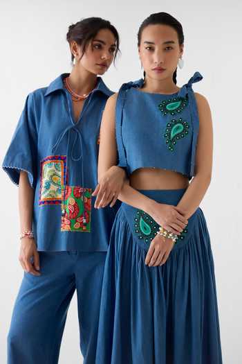 Shop_Studio Rigu_Blue Cotton, Denim Embroidery, Beads, Patchwork Collared, Shirt And Trouser Set _Online_at_Aza_Fashions