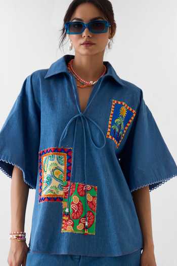 Studio Rigu_Blue Cotton, Denim Embroidery, Beads, Patchwork Collared, Shirt And Trouser Set _at_Aza_Fashions
