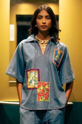 Buy_Studio Rigu_Blue Cotton, Denim Embroidery, Beads, Patchwork Collared, Shirt And Trouser Set 
