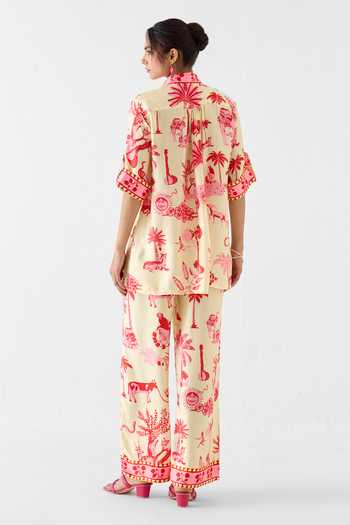 Shop_Studio Rigu_Pink Vegan Silk Collared Sawai Print Shirt And Trouser Set _at_Aza_Fashions
