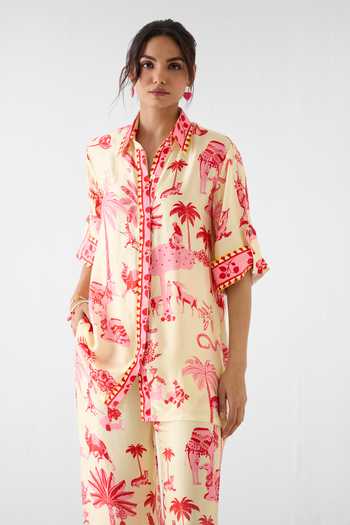 Buy_Studio Rigu_Pink Vegan Silk Collared Sawai Print Shirt And Trouser Set _Online_at_Aza_Fashions