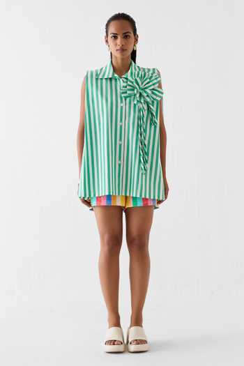 Studio Rigu_Green Poplin Fabric Flowers Collared Embroidered Shirt _Online_at_Aza_Fashions