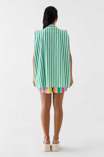 Shop_Studio Rigu_Green Poplin Fabric Flowers Collared Embroidered Shirt _at_Aza_Fashions