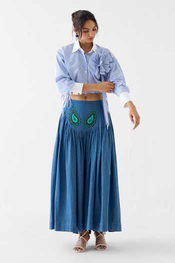 Buy_Studio Rigu_Sky Blue Poplin Fabric Flowers Collared Azure Stripe Print Cropped Shirt _at_Aza_Fashions