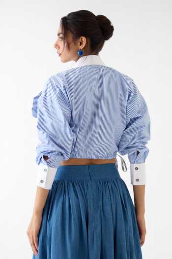 Shop_Studio Rigu_Sky Blue Poplin Fabric Flowers Collared Azure Stripe Print Cropped Shirt _at_Aza_Fashions