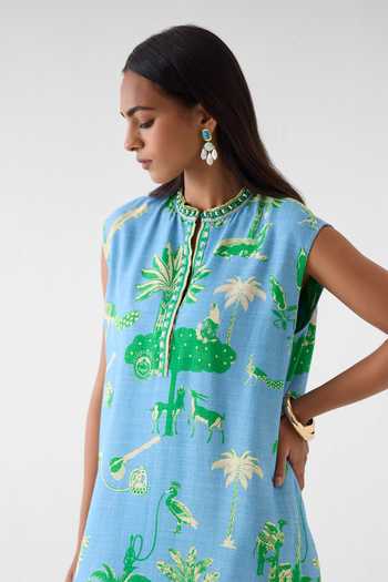 Studio Rigu_Blue Linen Embroidery, Beads Mandarin Collar Printed Kurta And Pant Set _Online_at_Aza_Fashions