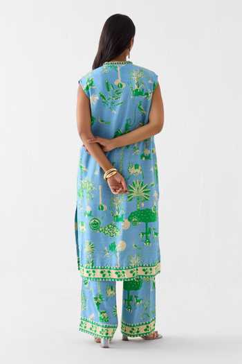 Shop_Studio Rigu_Blue Linen Embroidery, Beads Mandarin Collar Printed Kurta And Pant Set _at_Aza_Fashions