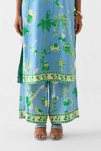 Buy_Studio Rigu_Blue Linen Embroidery, Beads Mandarin Collar Printed Kurta And Pant Set _Online_at_Aza_Fashions