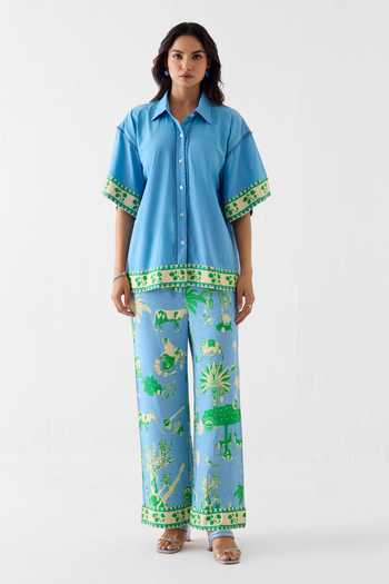 Buy_Studio Rigu_Blue Linen Lace Collared Printed Boxy Shirt And Trouser Set _at_Aza_Fashions