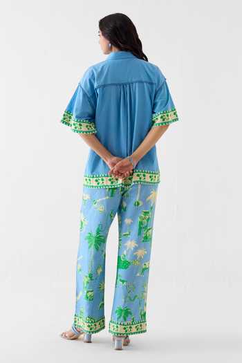 Shop_Studio Rigu_Blue Linen Lace Collared Printed Boxy Shirt And Trouser Set _at_Aza_Fashions
