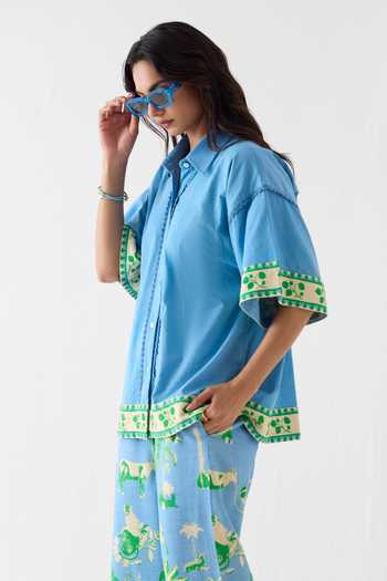 Studio Rigu_Blue Linen Lace Collared Printed Boxy Shirt And Trouser Set _Online_at_Aza_Fashions