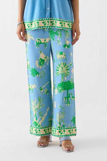 Buy_Studio Rigu_Blue Linen Lace Collared Printed Boxy Shirt And Trouser Set _Online_at_Aza_Fashions